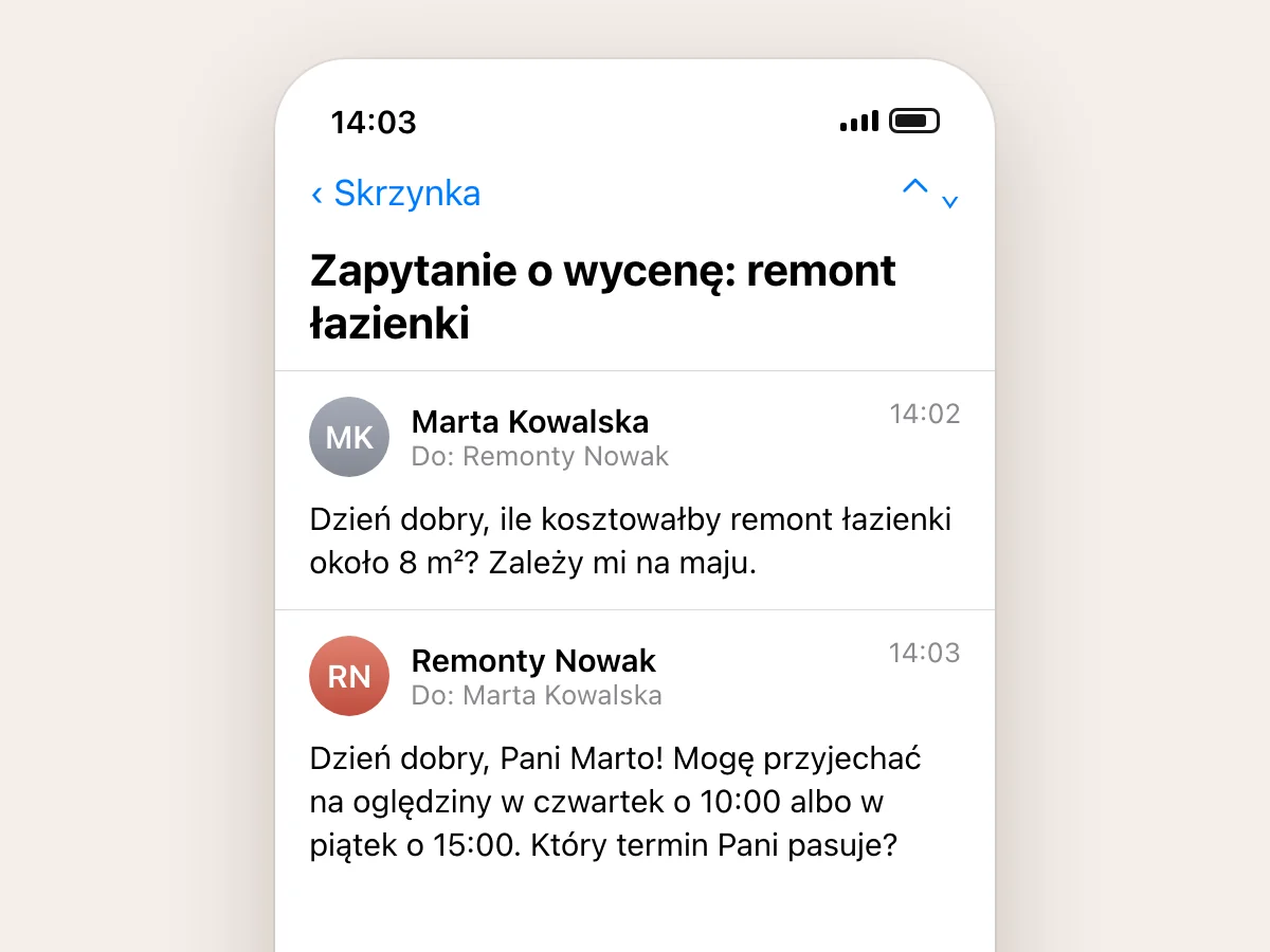 Mail od klientki o 14:02 i odpowiedź firmy z propozycją terminu o 14:03